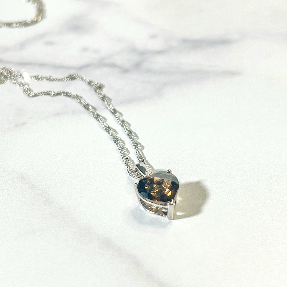 2.62ct Heart Shaped Smoky Quartz w/0.01ctw White Zircon Silver Pendant w/Chain